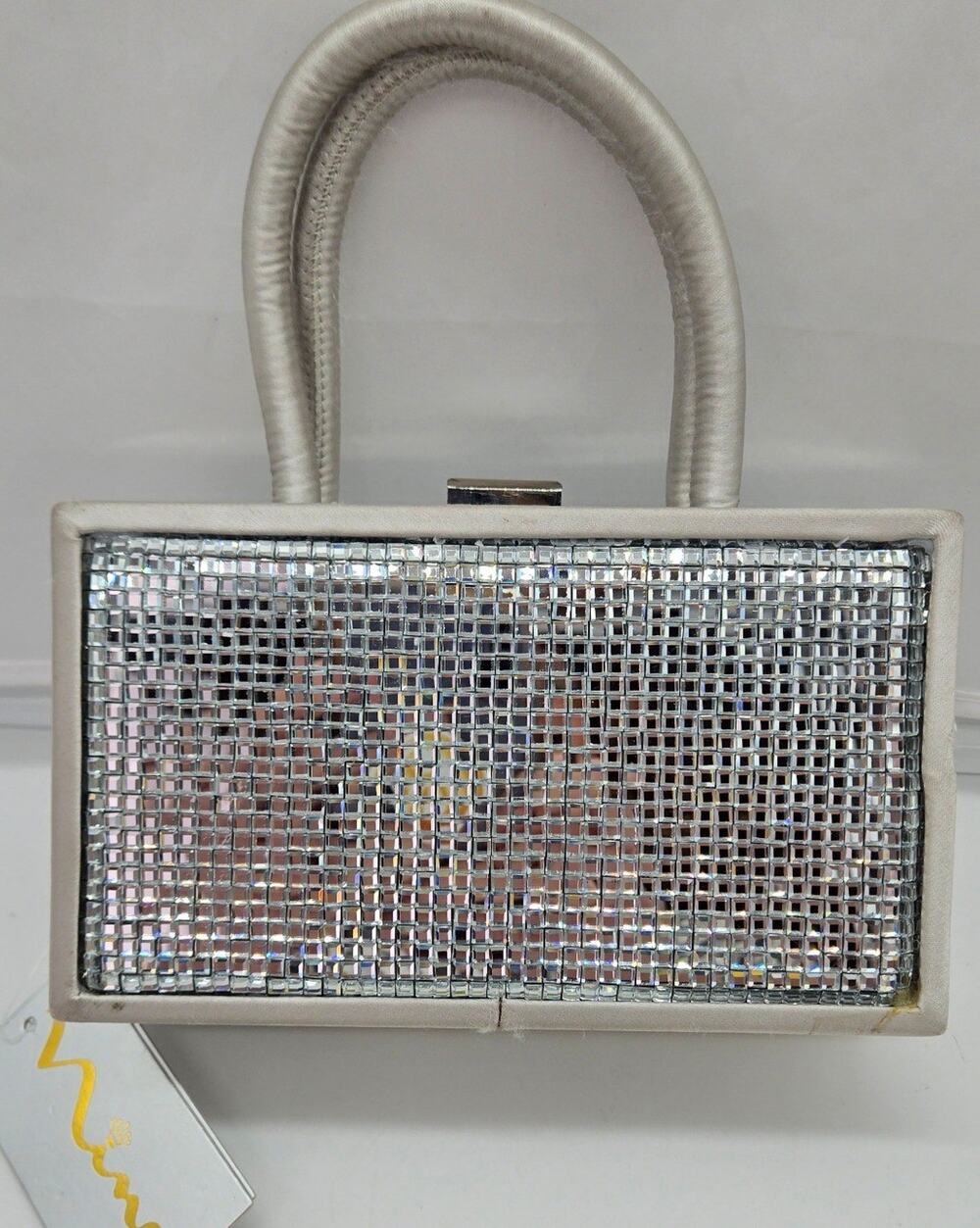 DISCOBALL Crystal Frame Clutch Small Silver Metallic Handbag 4x7" NEW Nina brand